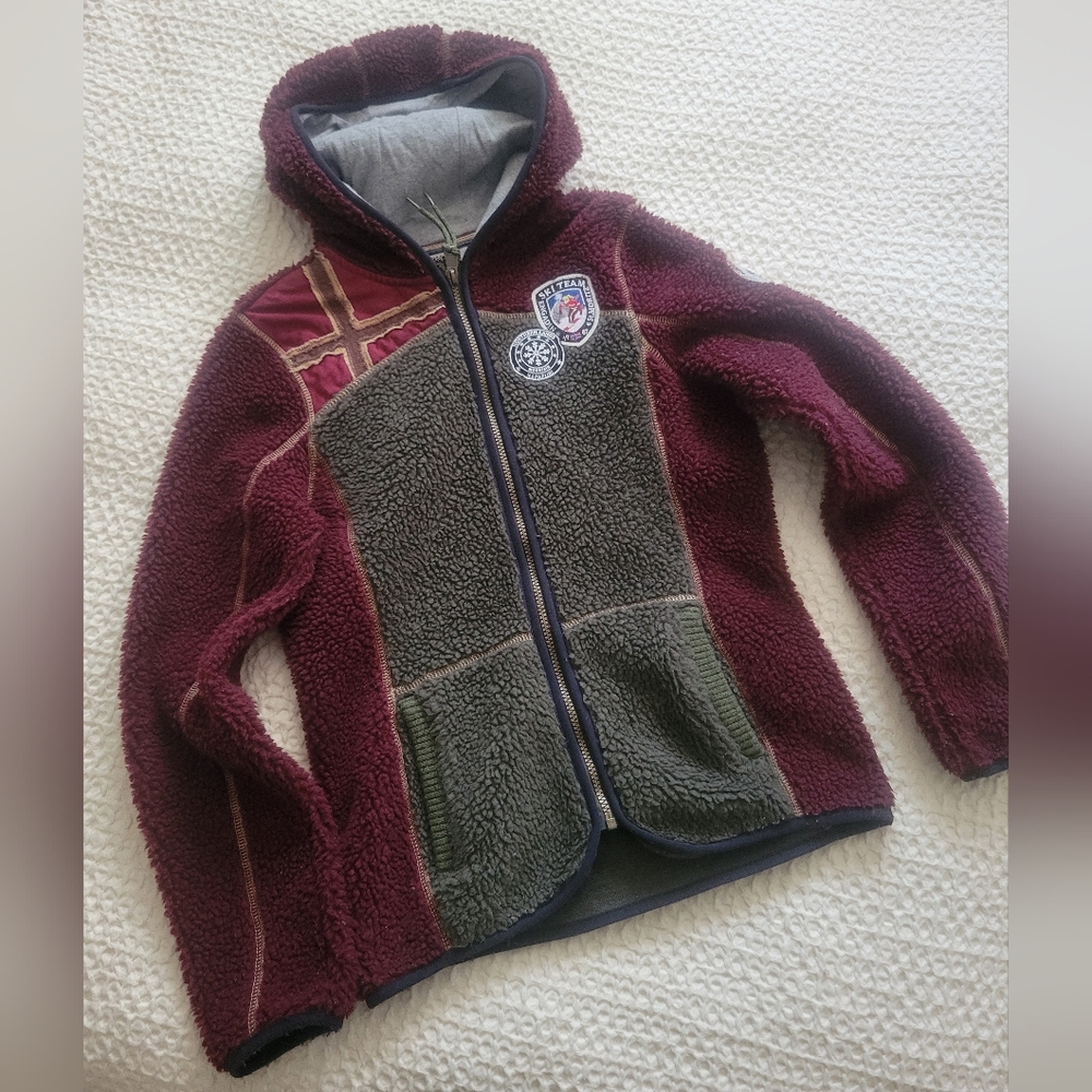 Napapijri Burgundy and Green Hooded Fleece Zip-up Jacket